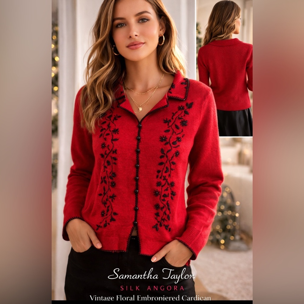 Samantha Taylor Silk and Angora Red Embroidered Cardigan Medium/ Floral Beaded
